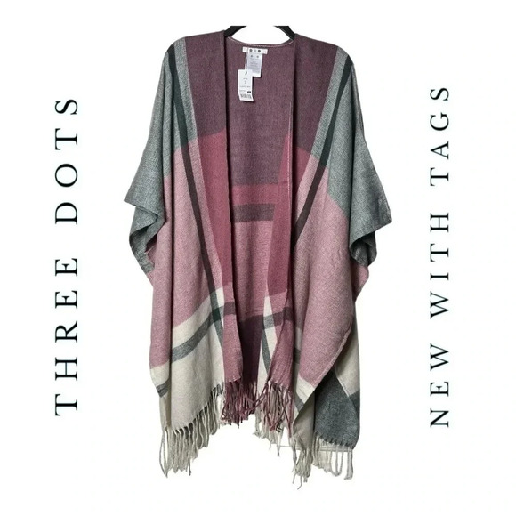 1457. THREE DOTS‎ REAGAN PLAID FRINGE HEM BLANKET WRAP CAPE PINK/PLUM/CREAM/GRAY - Picture 1 of 9
